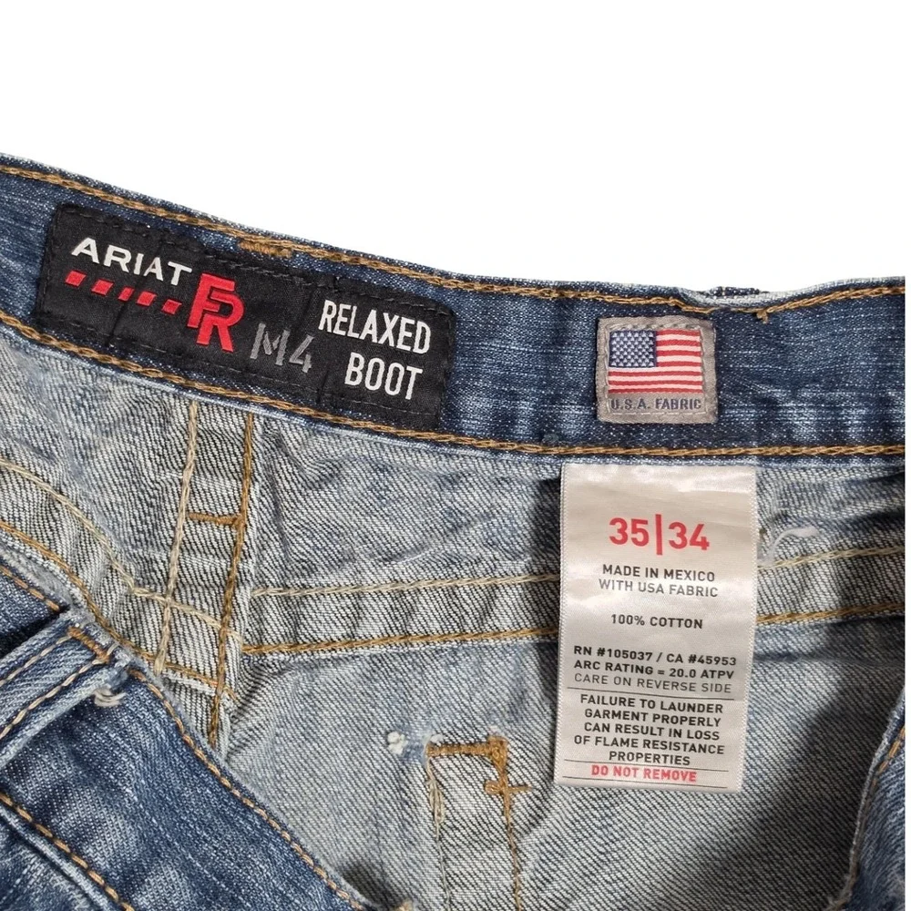 Ariat M4 Relaxed Boot CAT 2 FR Jeans Mens 35x34 Blue Distressed‎ Workwear Job